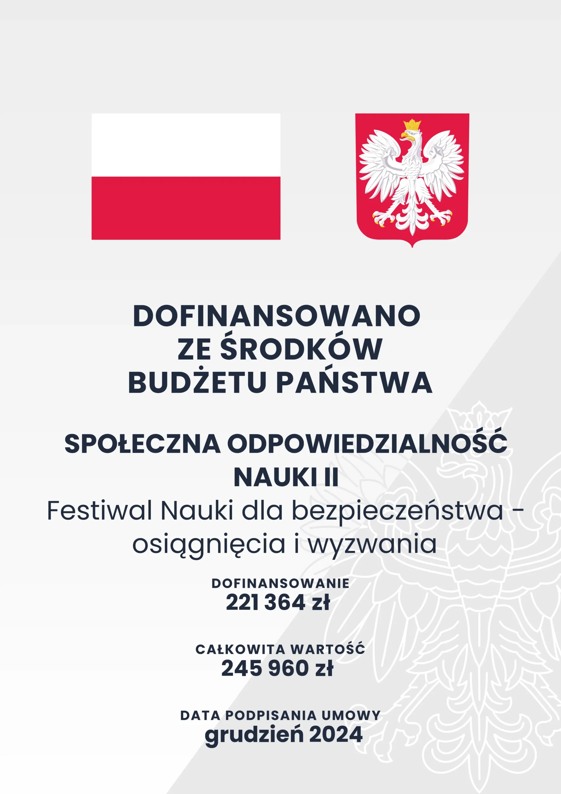 Plakat informujący o dofinansowaniu projektu z środków budżetu Państwa - "Społeczna odpowiedzialność nauki II"
Dofinansowanie: 221 364 zł
Całkowita wartość: 245 960 zł
Data podpisania umowy: grudzień 2024